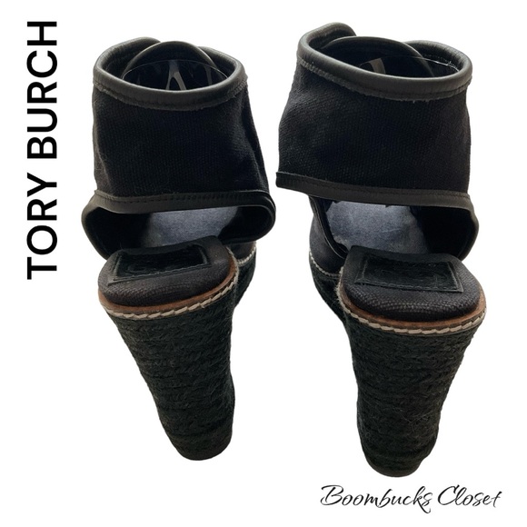 TORY BURCH Black and gold Lace up  OPEN TOE JUTE WEDGE HEEL PLATFORM HEELS - Picture 4 of 9